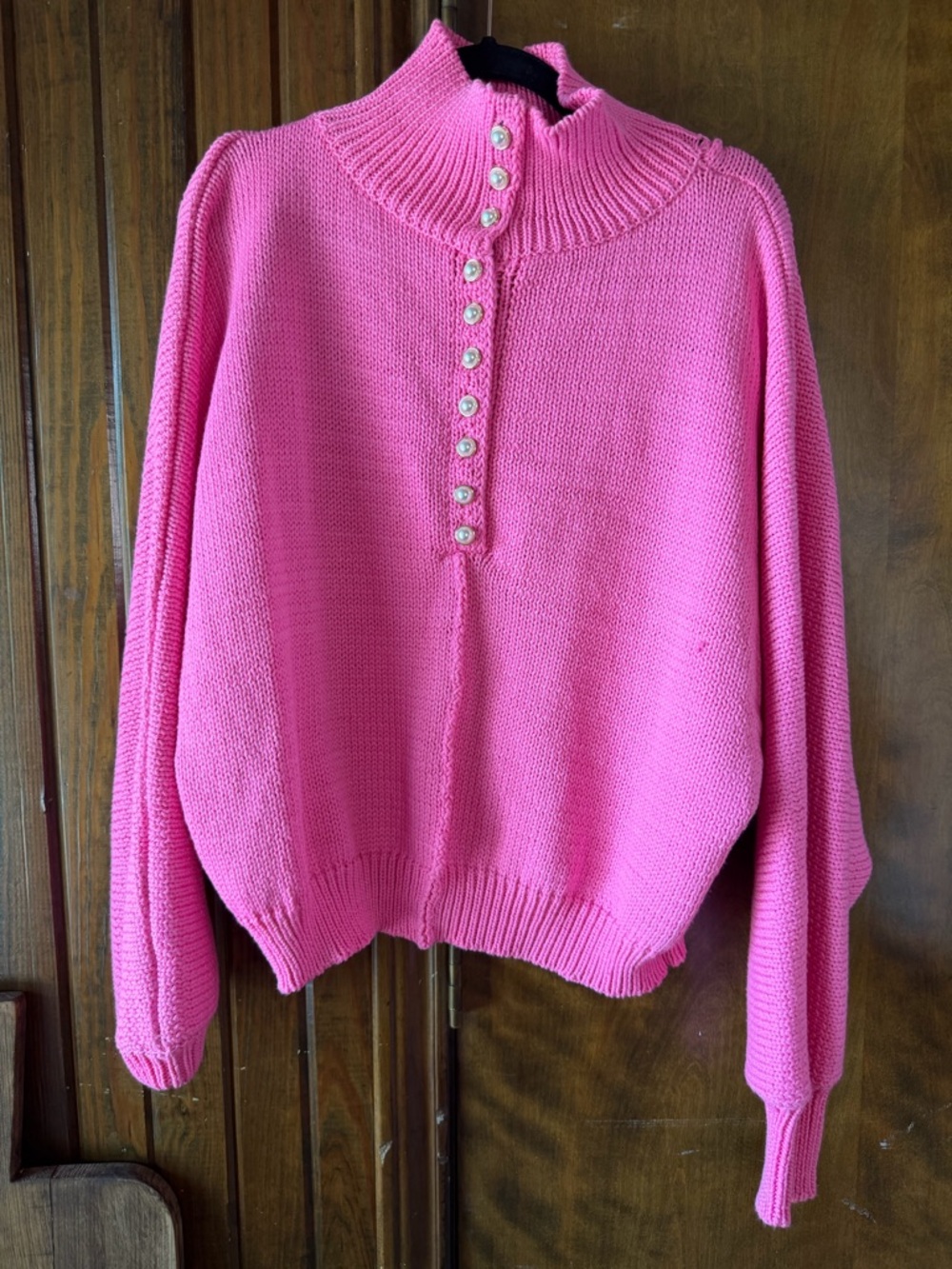POL Pink Button-Front Mock Neck Sweater